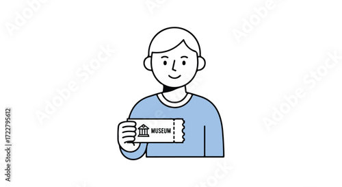 Illustration of a museum visitor holding a ticket with building, ready for cultural exploration and art appreciation for education