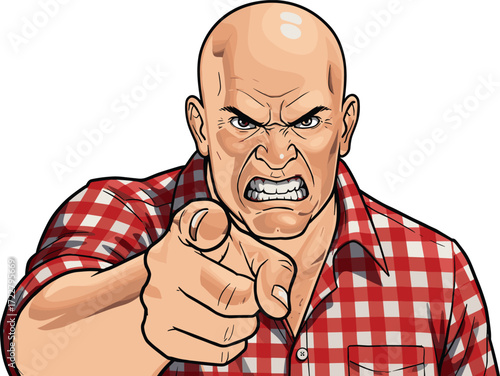 Angry bald man cartoon illustration, aggressive character pointing finger, furious expression in red checkered shirt, emotional artwork vector drawing for comic, poster, design use
