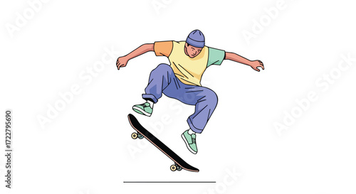 Dynamic Skateboarder Airborne, Performing a Trick on a Clean White Background for Design Purposes