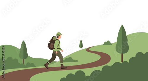 Cartoon Illustration: A Hiker's Journey Through Rolling Green Hills and Winding Trail Exploring Serene Scenery