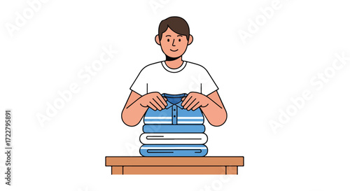 Character organizing clean clothing, emphasizing domesticity and care in a modern lifestyle illustration demonstrating tidiness and personal upkeep