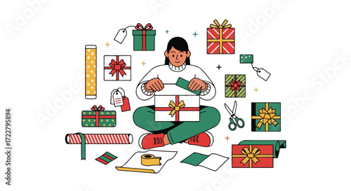 Woman amidst festive gifting scene, joyfully wrapping presents with scissors, tape, paper for special celebrations