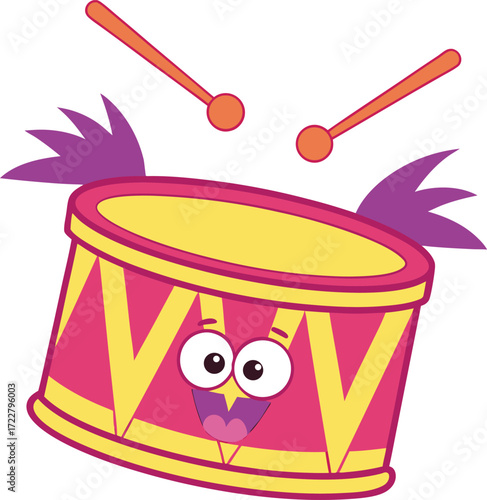 Vector art of a cartoon drum with a face and drumsticks