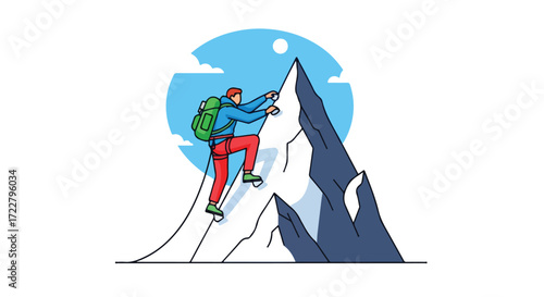 Illustration depicting a mountaineer scaling a jagged peak under a bright sky pushing limits to reach summit destination showing resilience and