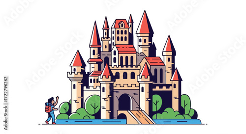 Vibrant illustration showcases a traveler approaching a majestic castle with towering spires and lush green surroundings creating a whimsical and