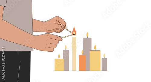 Illustration depicting a person using a match to light candles, representing ambience and peaceful moments through stylized art style