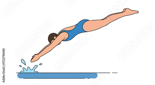 Illustration showcasing a diver executing a forward dive into a pool, emphasized by splash animation offering movement and athletic sport presentation
