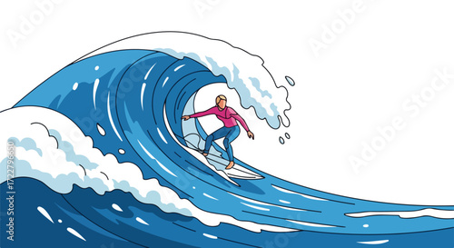 Animated surfer riding a dynamic blue wave with expressive outlines, capturing the energy of surfing and ocean fun, ideal for creative projects
