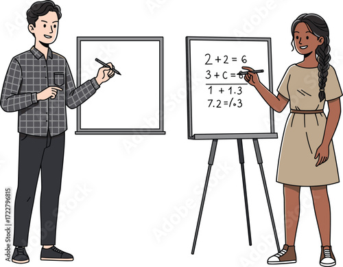 Cartoon Education Icons Featuring Math Tutors with Whiteboards, Engaged Mood, Learning Theme, and Classroom Problem-Solving Scene