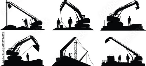 silhouette excavator crane with construction workers operating heavy machinery on building site, industrial equipment lifting digging working process infrastructure development engineering project