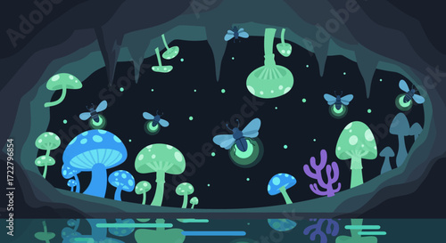 Enchanted Glowing Mushrooms and Fireflies in a Mystical Cave Illustration.