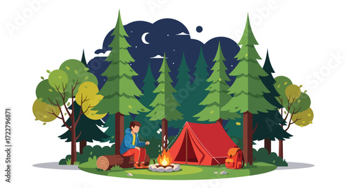 Nighttime camping adventure vector illustration with cozy campfire and mountain forest backdrop for a relaxing vacation experience