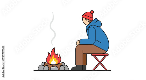Campfire Solitude: A lone figure seeking warmth and contemplation by the flickering flames of a campfire at dusk on a serene and peaceful white