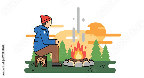 Simple illustration of a person around a campfire in a forest setting with sunset backdrop creating a peaceful and serene outdoor scene