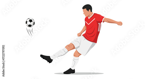 Dynamic soccer player illustration executing a powerful kick towards a floating ball with grace and precision, isolated on white background