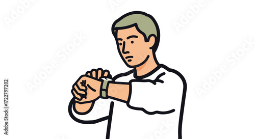 Drawn illustration of a man thoughtfully checking his wristwatch against a white background illustration of a person monitoring time