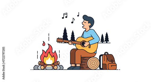 Illustration of a Campfire Serenade: A man playing guitar in nature setting with a campfire ambiance and bag