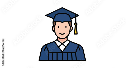 Illustration of a smiling graduate in academic regalia showcasing educational attainment and future prospects in a simple graphic style