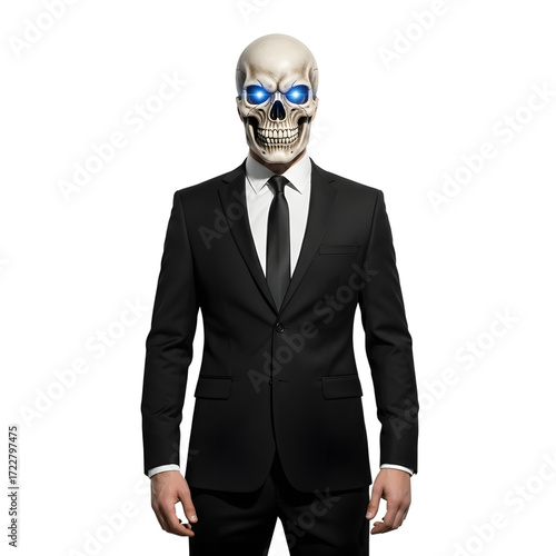 A man in a suit with a skull mask isolated on a transparent background for Halloween
