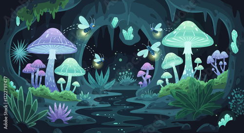Enchanted Glowing Mushrooms and Fireflies in a Mystical Forest.