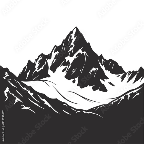 Vector art of stylized illustration of a majestic snowcapped mountain range with sharp peaks and dramatic shadows, evoking adventure and natures grandeur