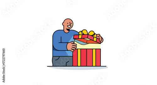 Cartoon man opening a gift box with joyful expression demonstrating anticipation and excitement for the surprise within
