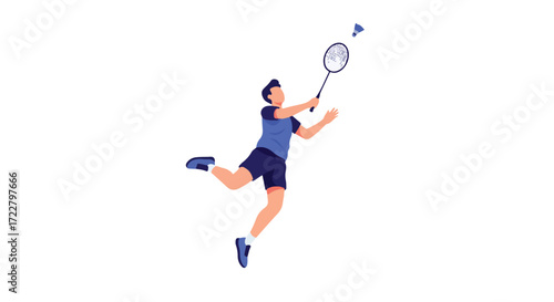 Dynamic badminton player performing smash shot on court showcasing agility and athleticism  emphasizing precision and skill of the sport