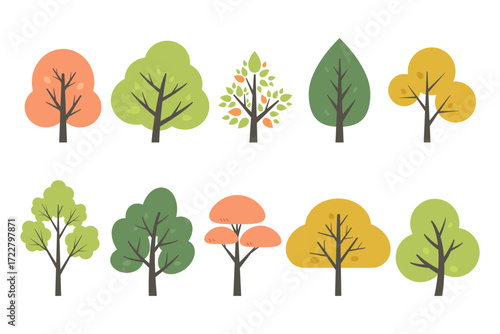 Collection of trees isolated on a white background. Each species of tree. A tree with green, orange, and yellow leaves. Nature or healthy lifestyle topics. Vector illustration flat design style