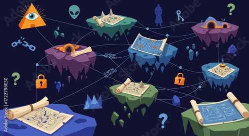 Fantasy Floating Islands Map with Hidden Secrets and Mysterious Symbols.