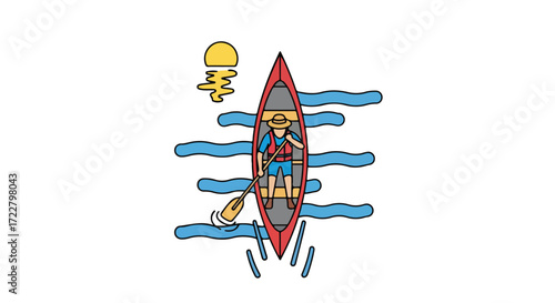 Artistic recreation of a solitary figure paddling a red canoe amidst stylized blue waters at sunset displaying serenity