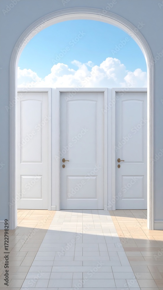 Fototapeta premium Three white doors leading to a bright sky