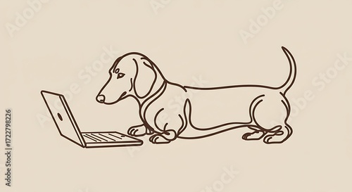 Dachshund dog looking at an open laptop. Pet using technology, smart dog concept. Pet care and modern life illustration.