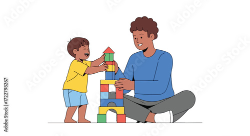 Father and son enjoying quality time building tower with colorful blocks, bonding over creative play and joyful interaction, fostering development