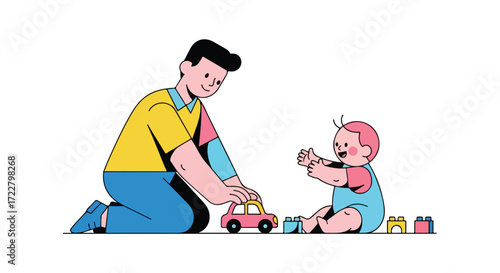 Delightful illustration portraying a father joyfully playing with his baby, showcasing a heartwarming interaction between them depicting a joyful