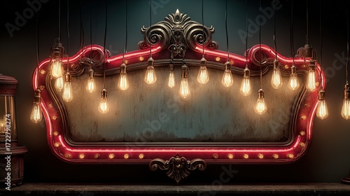 Ornate frame with red neon and hanging lights against a dark background.