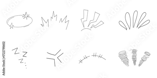 Comic manga effect angry exclamation expressions, hand drawn sketch line emoticon anime reaction set. Scribble anime dizzy marks 