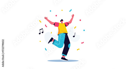 Joyful Celebration: An animated character embraces success with vibrant confetti and music notes scattered around him showing delight and merriment