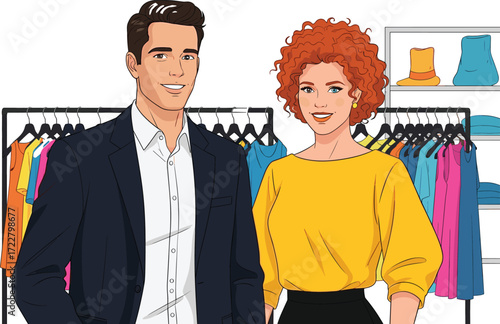 Cartoon Fashion Icons Featuring Man and Woman in Retail Store, Stylish Mood, Shopping Theme, and Apparel Display Scene