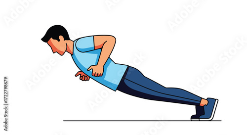 Cartoon style character illustration of a man executing a perfect push-up with concentrated focus ensuring proper form and body alignment is