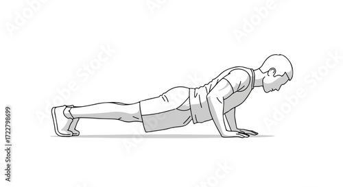 Illustration depicting a person performing a push-up exercise in athletic attire on a white background
