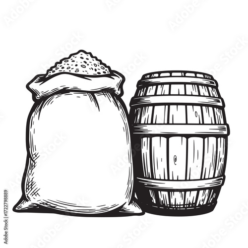 Vintage illustration of a sacks and barrel depicting rustic agriculture and food storage