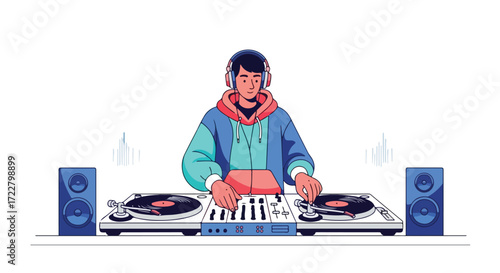 Dynamic vector illustration capturing a dj in action at his turntables creating vibrant music for a modern audience