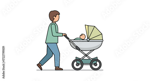 Man pushing baby stroller vector illustration showcasing fatherhood and early childhood parent care with simplified design and pastel colors