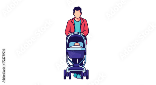 Modern parent pushing baby stroller, embracing fatherhood with love and care, isolated on a pristine white backdrop showcasing the joy of family