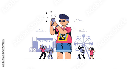 Animated character enjoying music festival and capturing moments on smartphone with a Ferris wheel backdrop creating a lively atmosphere