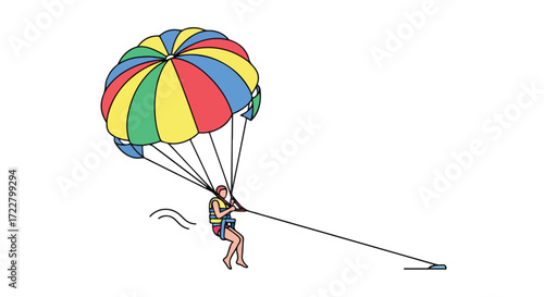 Vibrant parasailor soaring above the water, a burst of colorful excitement against a minimalist background, a moment of freedom and joy in the sky