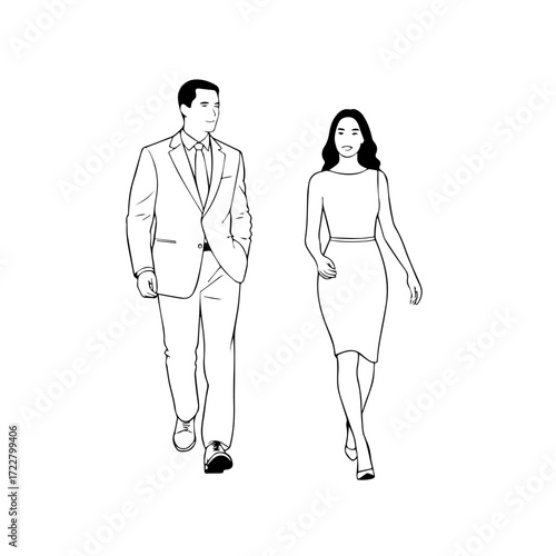 Black and White Vector Illustration of a Couple Man and Woman in Minimalistic Clean Line Art Style