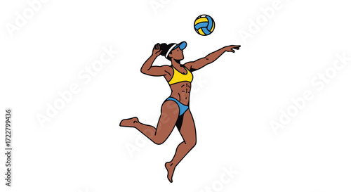 Dynamic beach volleyball player illustration executing a powerful serve with energy and athleticism depicted in a clean, minimalist style