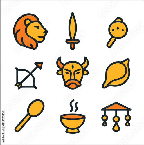 A vibrant flat 2D icon set inspired by the Hindu festival Durga Puja. The collection features clean vector illustrations with bold black outlines and solid colors