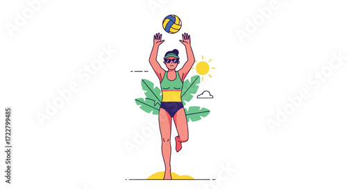 Athletic beach volleyball player reaching for the serve under a sunny sky with tropical foliage behind her creates a joyful summer scene